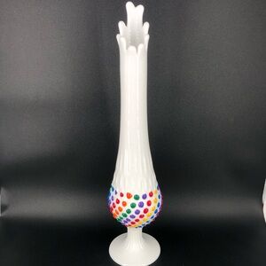 Vintage Fenton Hand-Painted Rainbow Hobnail Milk Glass Swung Glass Vase